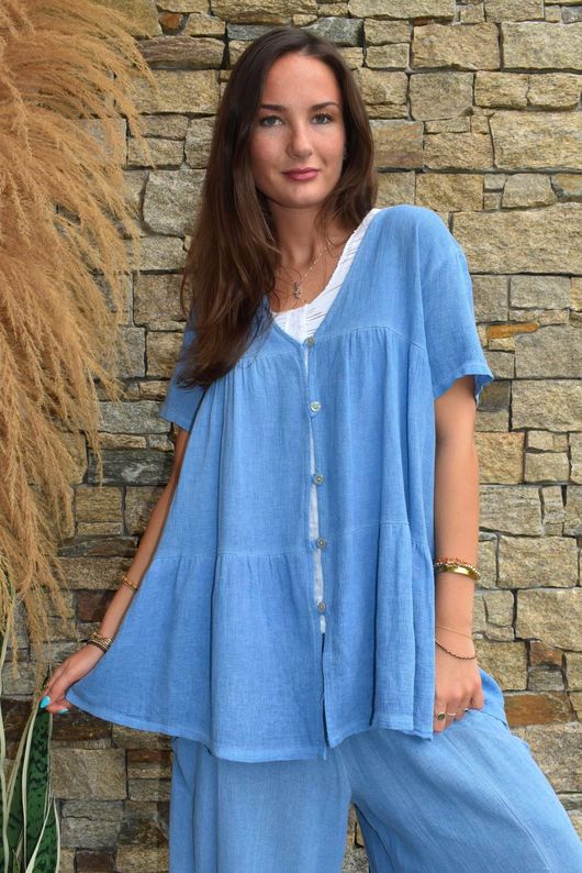 Lina Linen Blend Smock Over Shirt Washed Denim